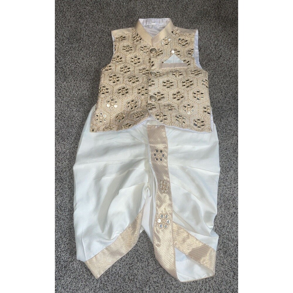 Baby Boy Dhoti Kurta Set Gold Mirror Work Nehru Jacket 12/18 M Indian Wedding